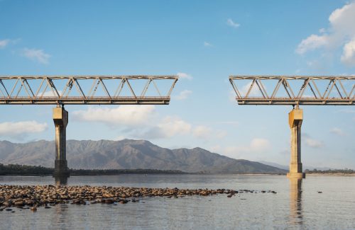 Gap in trestle bridge over lake